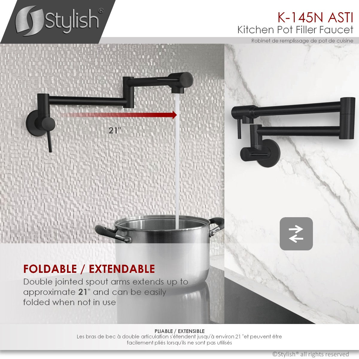 Stylish ANTI Stainless Steel Wall Mount Pot Filler Folding Stretchable with Single Hole Two Handles - Matte Black Finish K-145N