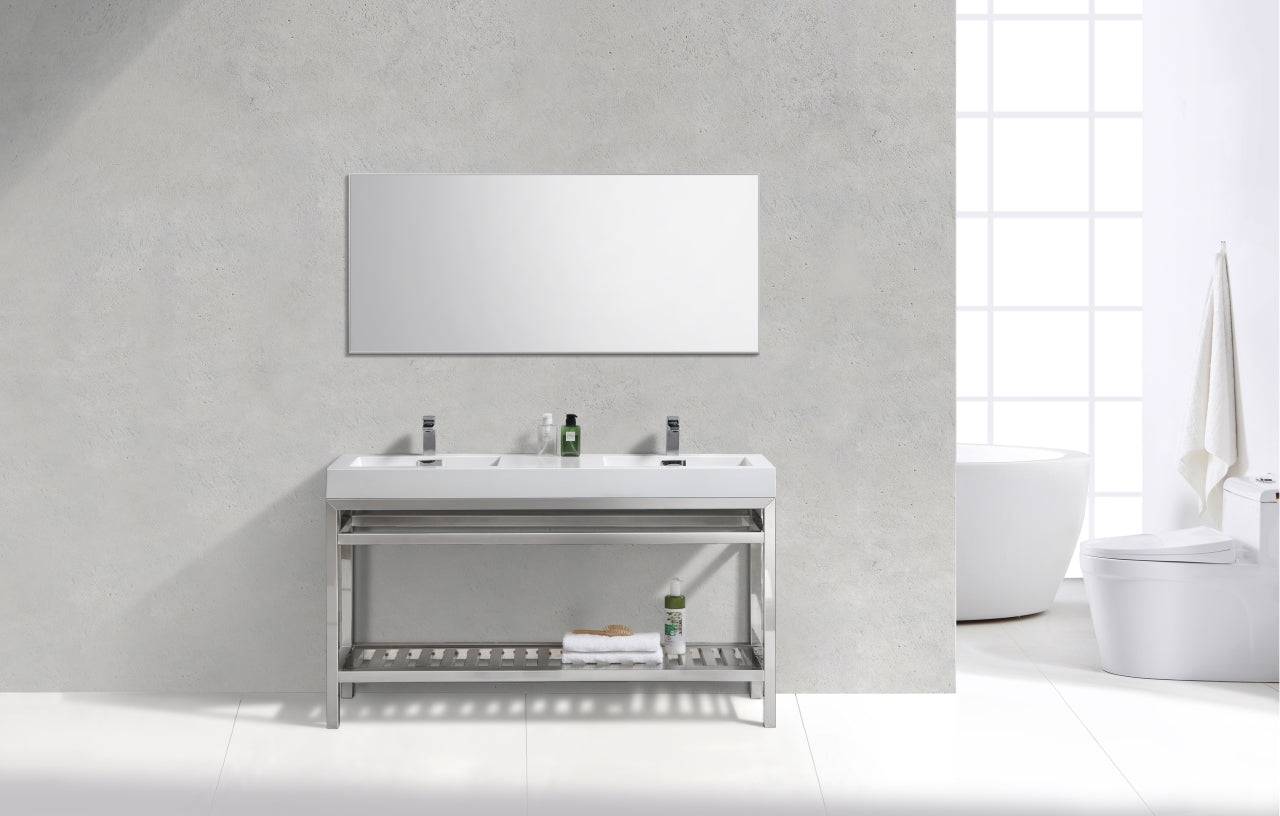 Kube Bath Cisco 60" Double Sink Stainless Steel Console Bathroom Vanity With White Acrylic Sink - Renoz