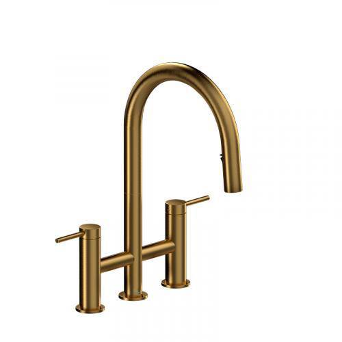 Riobel Azure 16 5/8" Modern Bridge Pulldown Kitchen Faucet- Brushed Gold