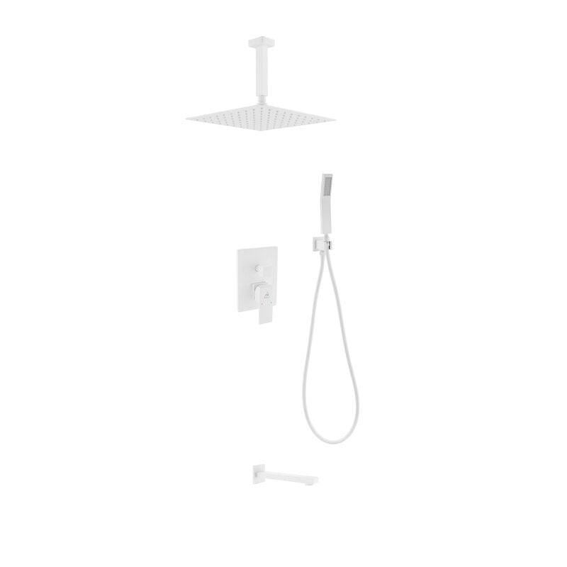 Kube Bath Aqua Piazza White Shower Set W/ 12" Ceiling Mount Square Rain Shower, Handheld And Tub Filler - Renoz