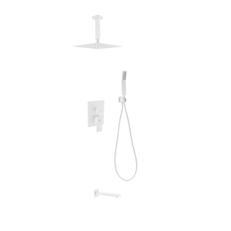 Kube Bath Aqua Piazza White Shower Set W/ 8" Ceiling Mount Square Rain Shower, Handheld And Tub Filler - Renoz