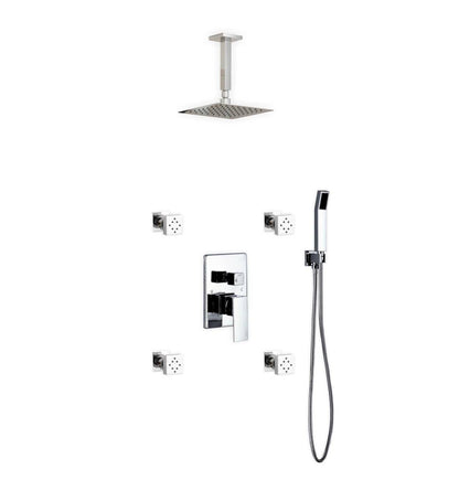 Kube Bath Aqua Piazza Shower Set With 8" Ceiling Mount Square Rain Shower, Handheld and 4 Body Jets Chrome