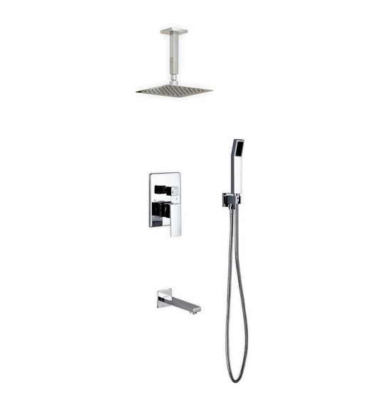 Kube Bath Aqua Piazza Shower Set With 8" Ceiling Mount Square Rain Shower, Handheld and Tub Filler Chrome - Renoz