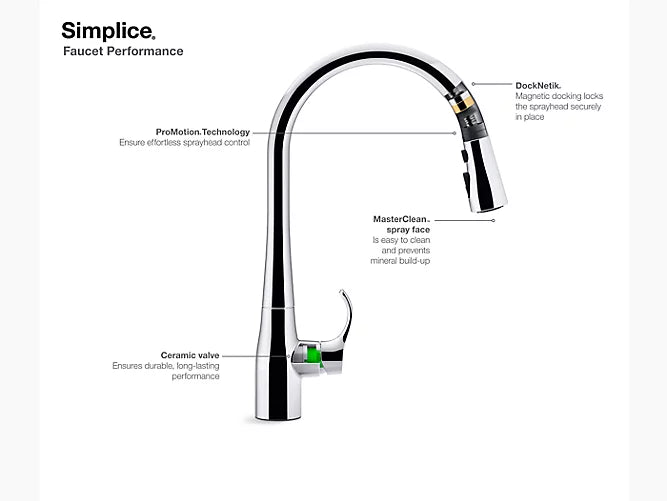 Robinet d'évier de cuisine Kohler Simplice à un ou trois trous avec bec rétractable de 16 5/8 po, système d'accueil magnétique Docknetik et tête de pulvérisation à 3 fonctions avec jet à balayage - Chrome