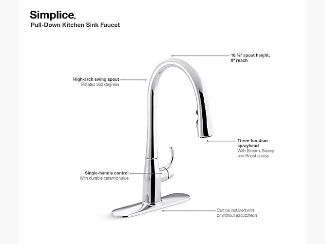 Kohler Simplice Single-Hole Or Three-Hole Kitchen Sink Faucet With 16-5/8" Pull-Down Spout, Docknetik Magnetic Docking System, And A 3-Function Sprayhead Featuring Sweep Spray - Chrome