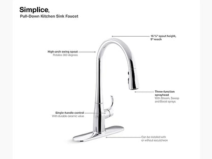 Kohler Simplice Single-Hole Or Three-Hole Kitchen Sink Faucet With 16-5/8" Pull-Down Spout, Docknetik Magnetic Docking System, And A 3-Function Sprayhead Featuring Sweep Spray - Chrome