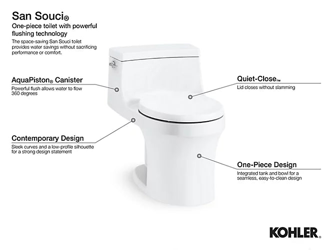 Kohler San Souci One-Piece Compact Elongated 1.28 Gpf Chair Height Toilet With Right-Hand Trip Lever, And Quiet-Close Seat