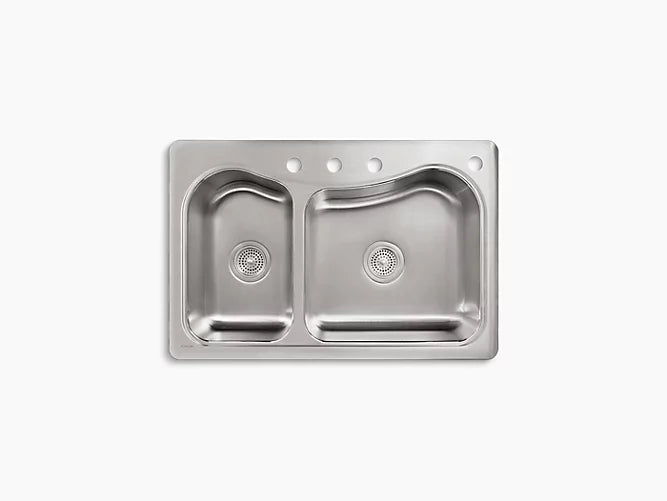 Kohler - 33" X 22" X 8-5/16" Top-Mount Large/Medium Double-Bowl Kitchen Sink With 4 Faucet Holes