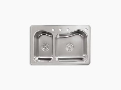 Kohler - 33" X 22" X 8-5/16" Top-Mount Large/Medium Double-Bowl Kitchen Sink With 4 Faucet Holes