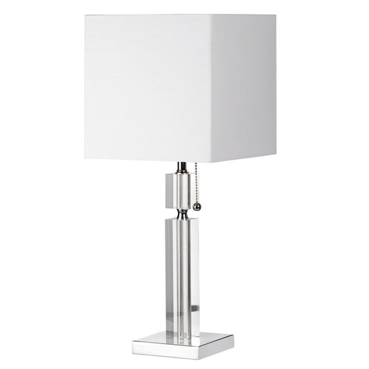 Lampe de table en cristal Dainolite, chrome poli, abat-jour carré en lin blanc