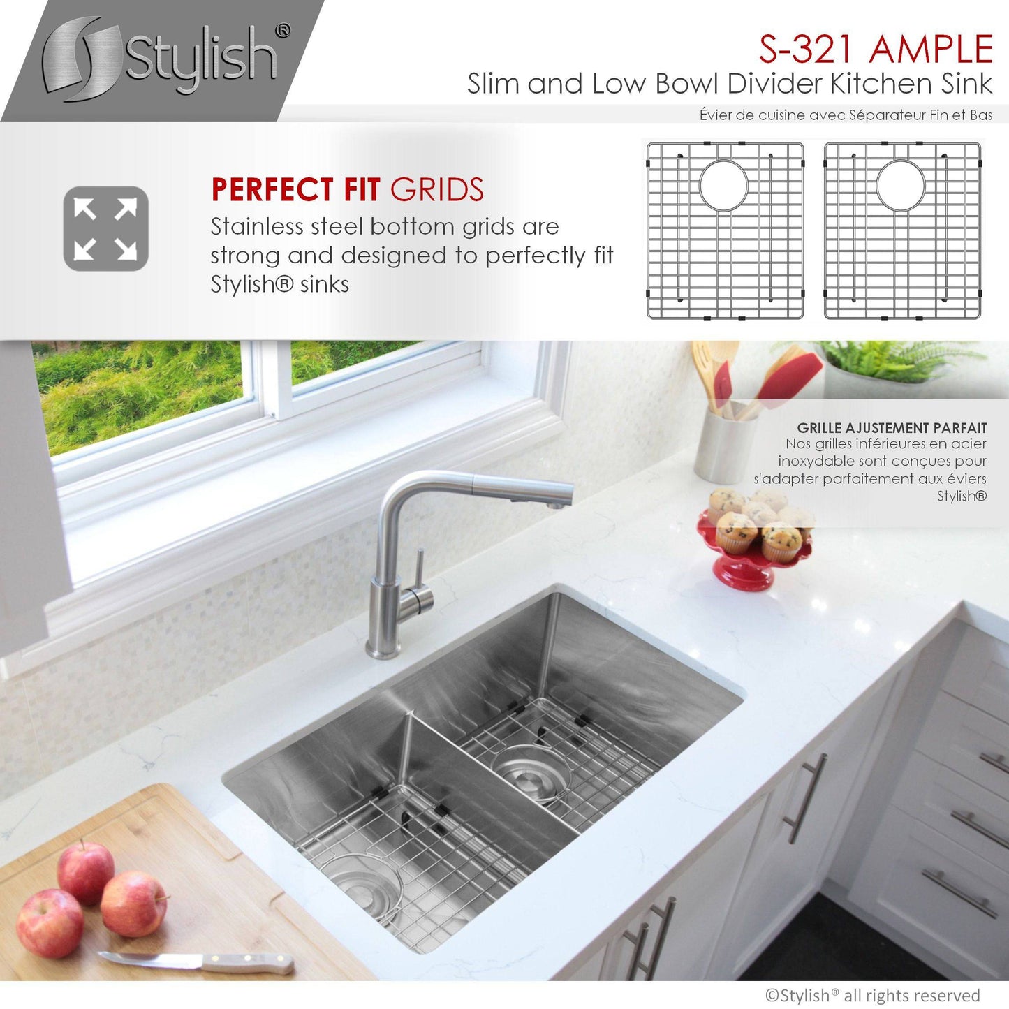 Stylish Ample 32" x 18" Slim Low Divider Double Bowl Undermount Stainless Steel Kitchen Sink S-321XG - Renoz