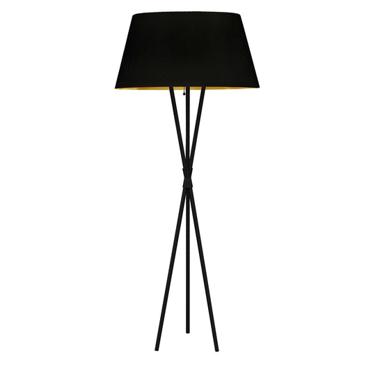 Dainolite 1 Light Tripod Matte Black Floor Lamp with Black and Gold Shade
