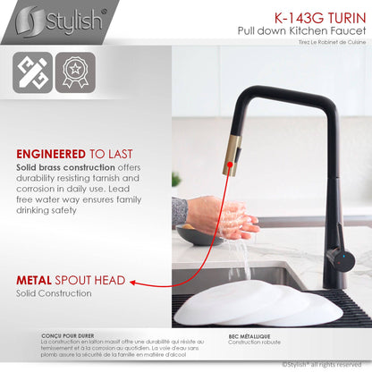 Stylish Turin 17" Kitchen Faucet Single Handle Pull Down Dual Mode Lead Free Matte Black/Gold K-143NG - Renoz