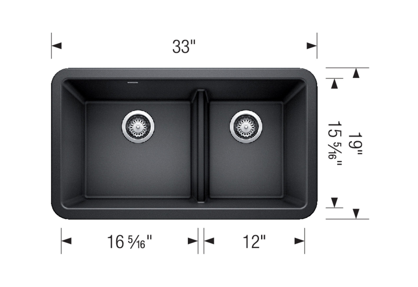 Blanco Ikon 33 1¾ Low Divide Silgranit 33" x 19" Double Bowl Farmhouse Drop-in Kitchen Sink - Anthracite
