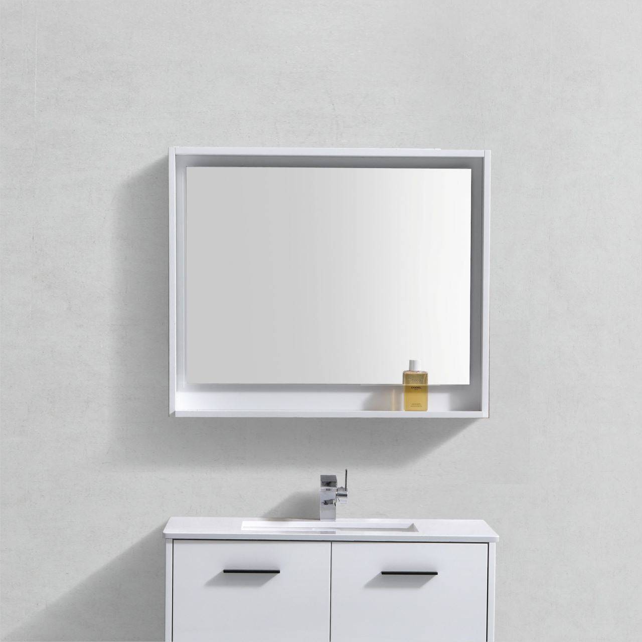 Kube Bath 36" Wide Bathroom Mirror With Shelf – High Gloss White - Renoz