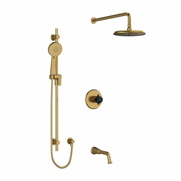 Riobel Momenti Modern Type T/P (Thermostatic/Pressure Balance) 1/2 Inch Coaxial 3-Way System With Hand Shower Rail 9" Round Rain Shower Head And Spout- Brushed Gold And Black With Cross Handles
