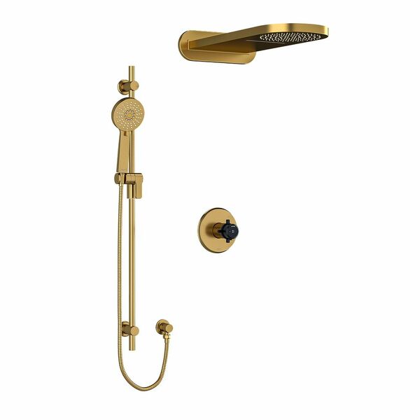 Riobel Momenti Modern Type T/P (Thermostatic/Pressure Balance) 1/2 Inch Coaxial 3-Way System With Hand Shower Rail And 12" Rain And Cascade Shower Head- Brushed Gold And Black With Cross Handles