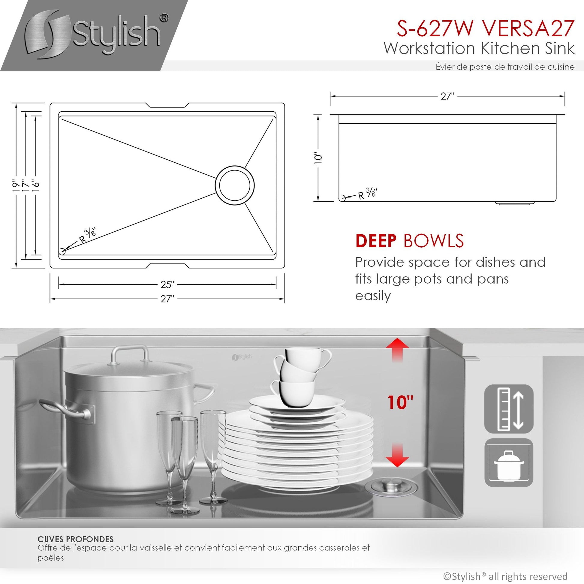 Stylish Versa27 27" x 19" Workstation Single Bowl Undermount 16 Gauge Stainless Steel Kitchen Sink with Built in Accessories S-627W - Renoz