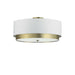 Dainolite 4 Light Flush Mount, Aged Brass with White Shade, Frosted Glass Diffuser.