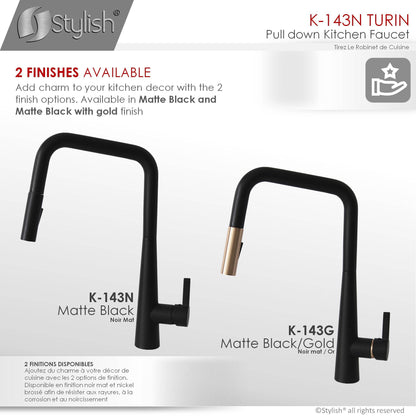 Stylish Turin 17" Kitchen Faucet Single Handle Pull Down Dual Mode Lead Free Matte Black K-143N - Renoz