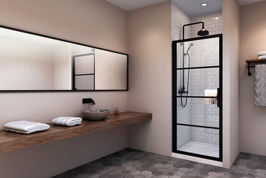 Porte de douche pivotante Zitta Materia 32 po, alcôve, cadre noir transparent et noir