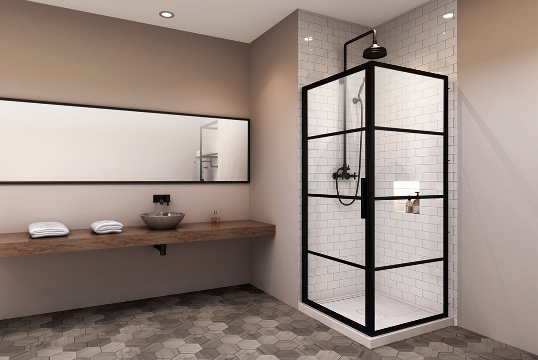 Zitta Materia 36" Pivot Shower Door Alcove Black Clear and Black Frame With 42" Return