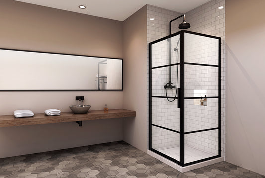 Porte de douche pivotante 32" Zitta Materia alcôve noir cadre transparent et noir avec retour 36"