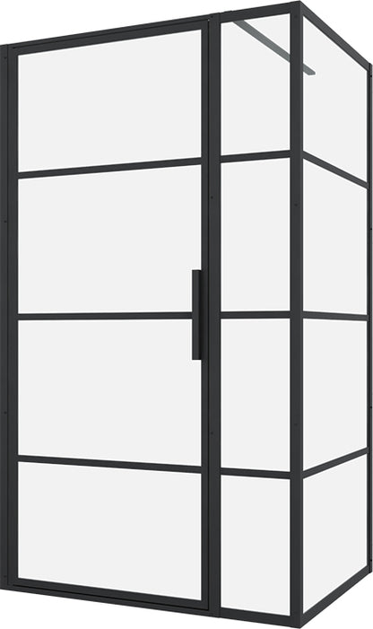Porte de douche pivotante 42" Zitta Materia, alcôve, cadre noir transparent et noir avec retour de 32"