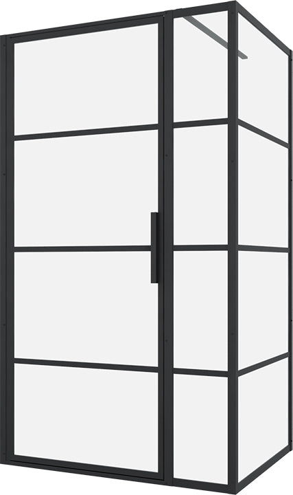 Porte de douche pivotante 60" Zitta Materia alcôve noir cadre transparent et noir avec retour 36"