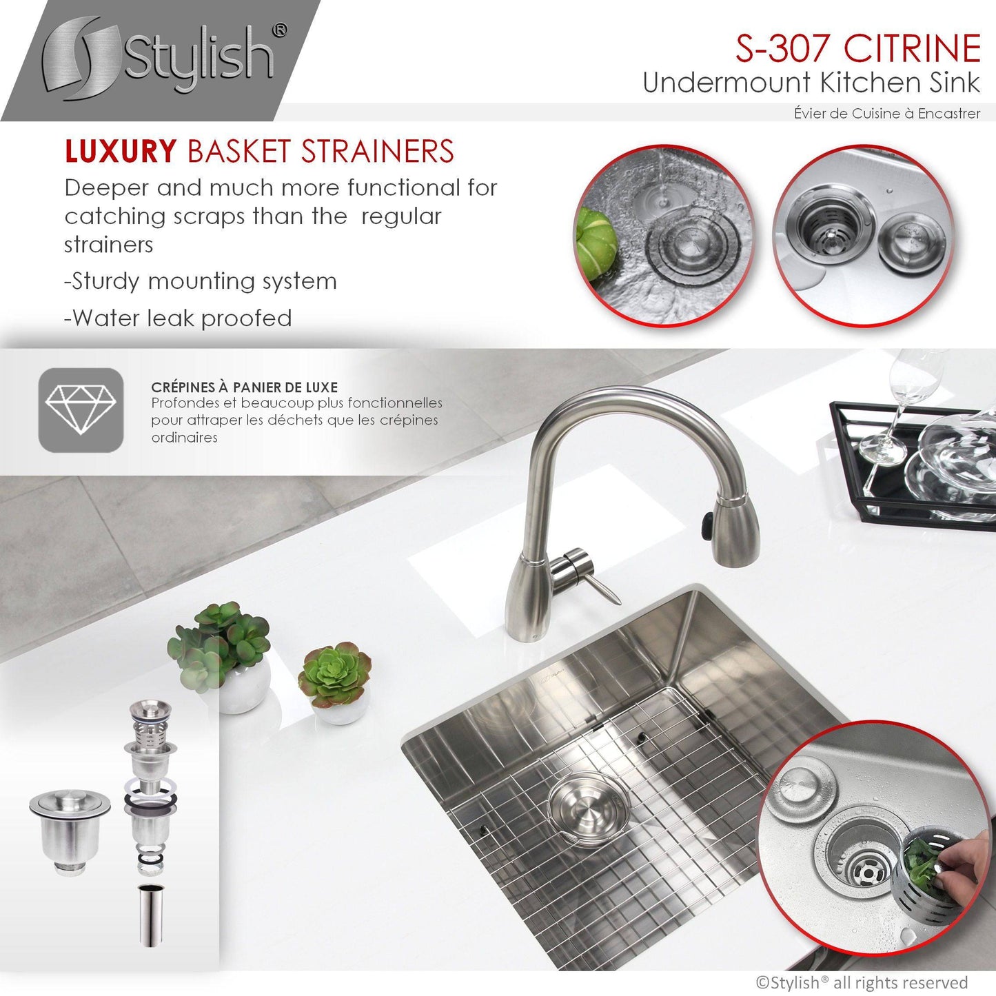 Stylish Citrine 23" x 18" Single Bowl Undermount Stainless Steel Kitchen Sink S-307XG