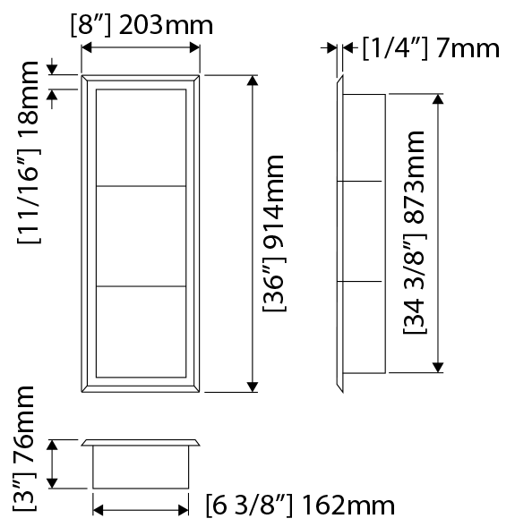 Zitta Stainless Steel Niche 36" x 8" x 3" (914mm X 203mm X 76mm) With 2 Shelf