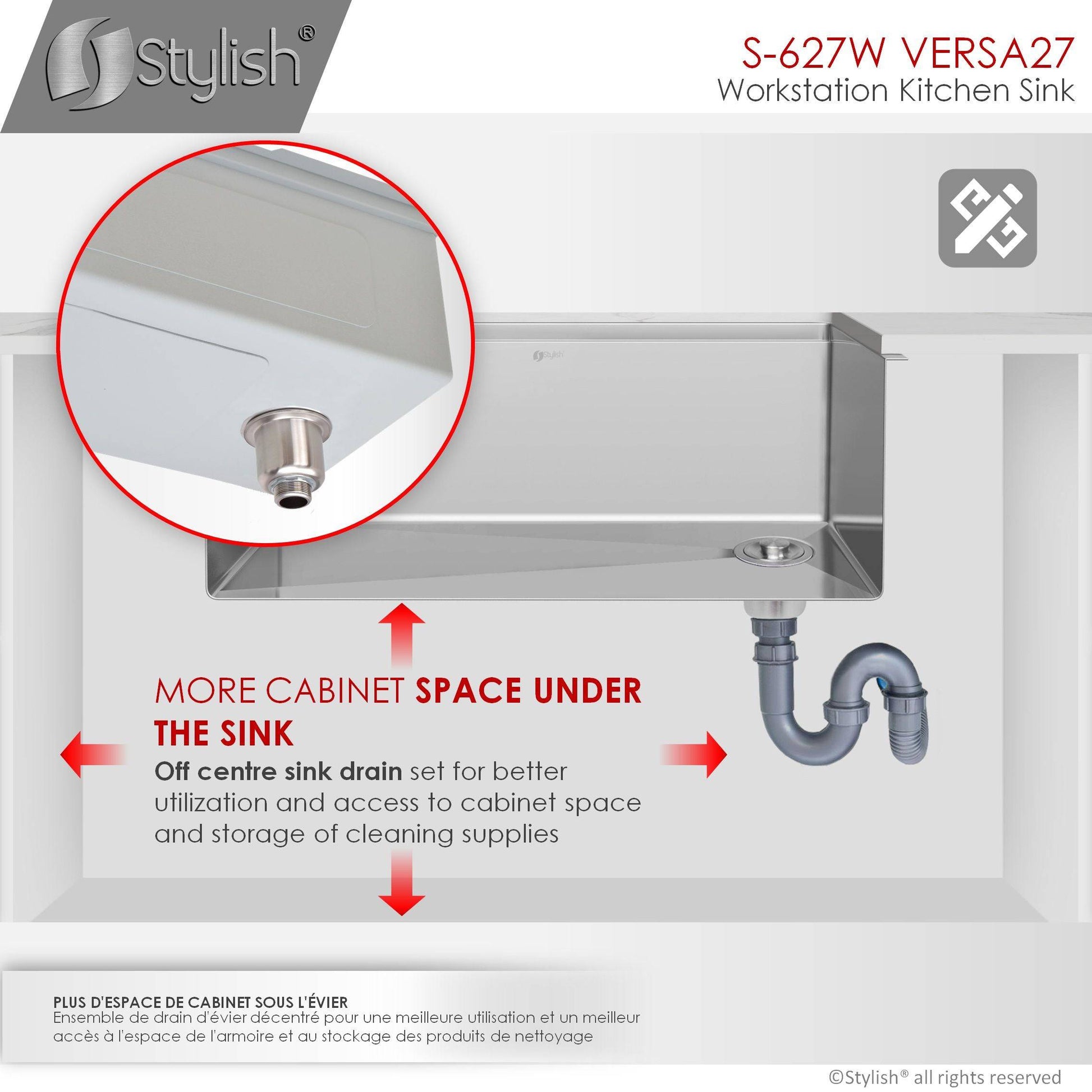 Stylish Versa27 27" x 19" Workstation Single Bowl Undermount 16 Gauge Stainless Steel Kitchen Sink with Built in Accessories S-627W - Renoz