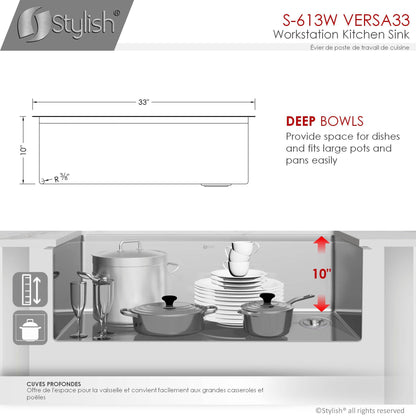 Stylish Versa33 33" x 19" Workstation Single Bowl Undermount 16 Gauge Stainless Steel Kitchen Sink with Built in Accessories S-613W