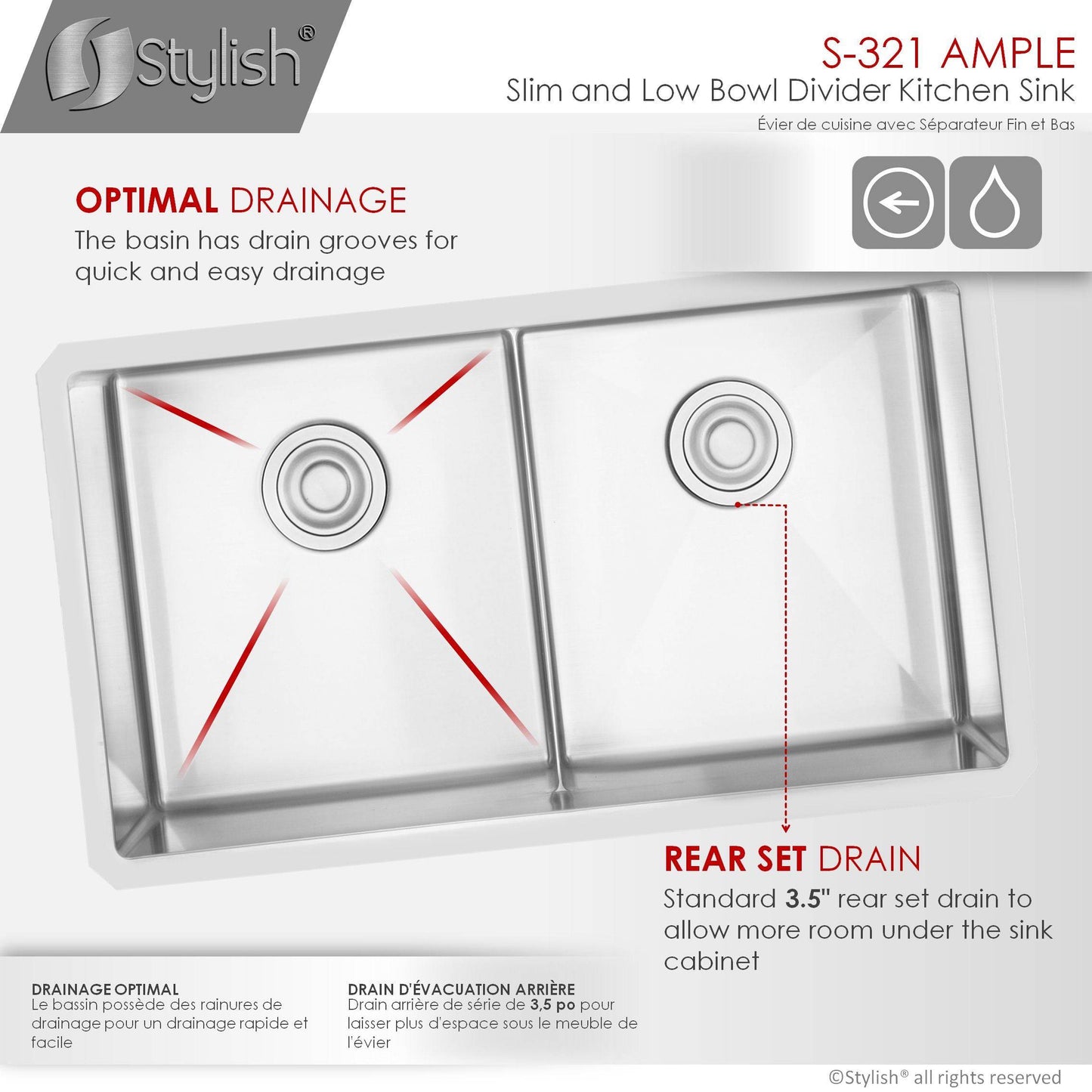 Stylish Ample 32" x 18" Slim Low Divider Double Bowl Undermount Stainless Steel Kitchen Sink S-321XG - Renoz