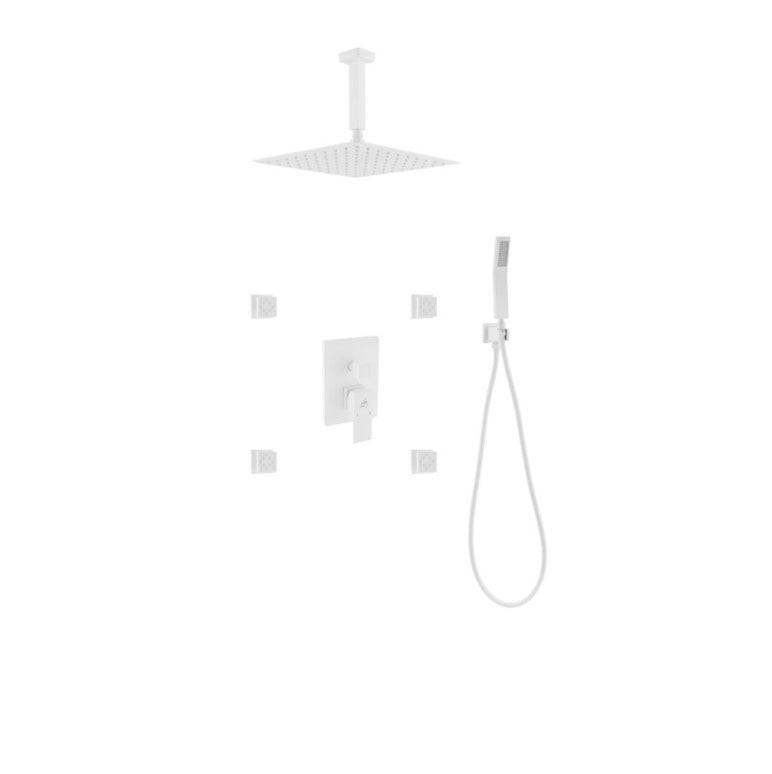 Kube Bath Aqua Piazza White Shower Set W/ 12″ Ceiling Mount Square Rain Shower, 4 Body Jets and Handheld