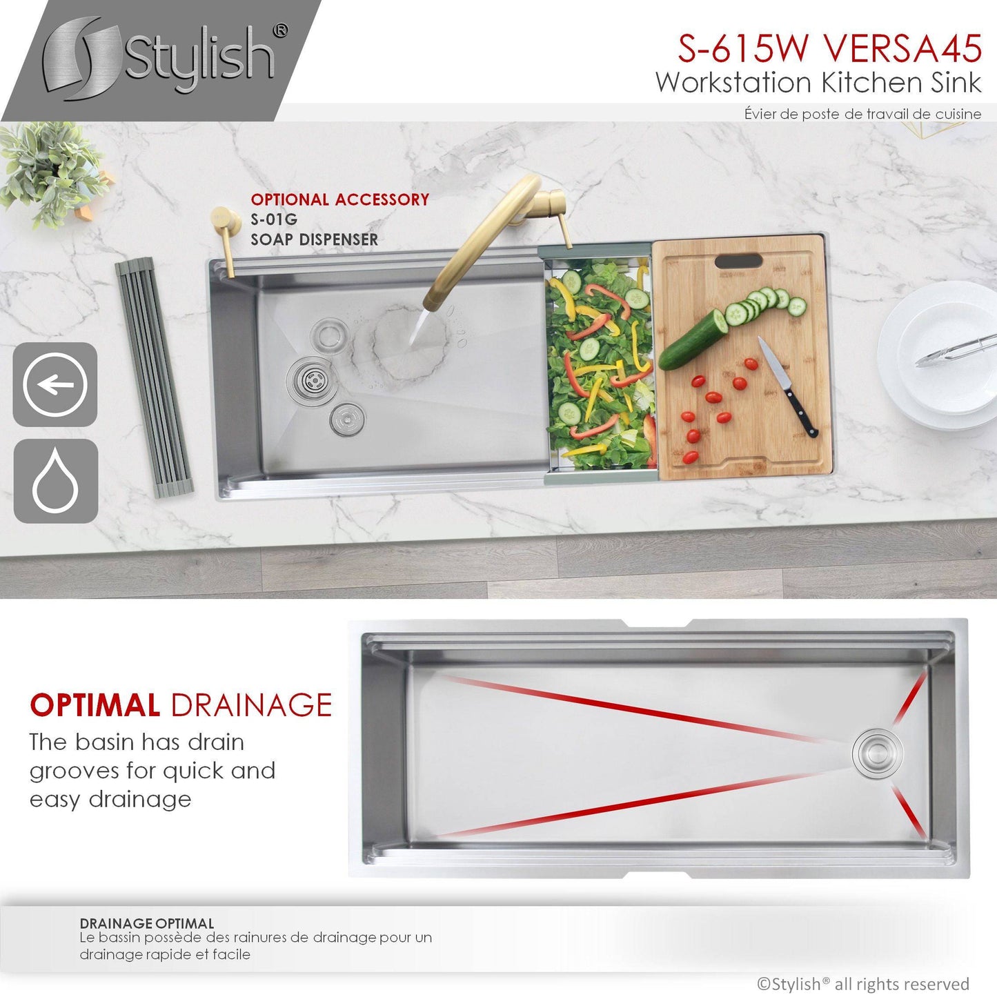 Stylish Versa45 45" x 19" Ledge Workstation Single Bowl Undermount 16 Gauge Stainless Steel Kitchen Sink with Built in Accessories S-615W - Renoz