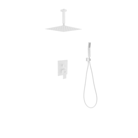 Kube Bath Aqua Piazza White Shower Set W/ 12″ Ceiling Mount Square Rain Shower and Handheld
