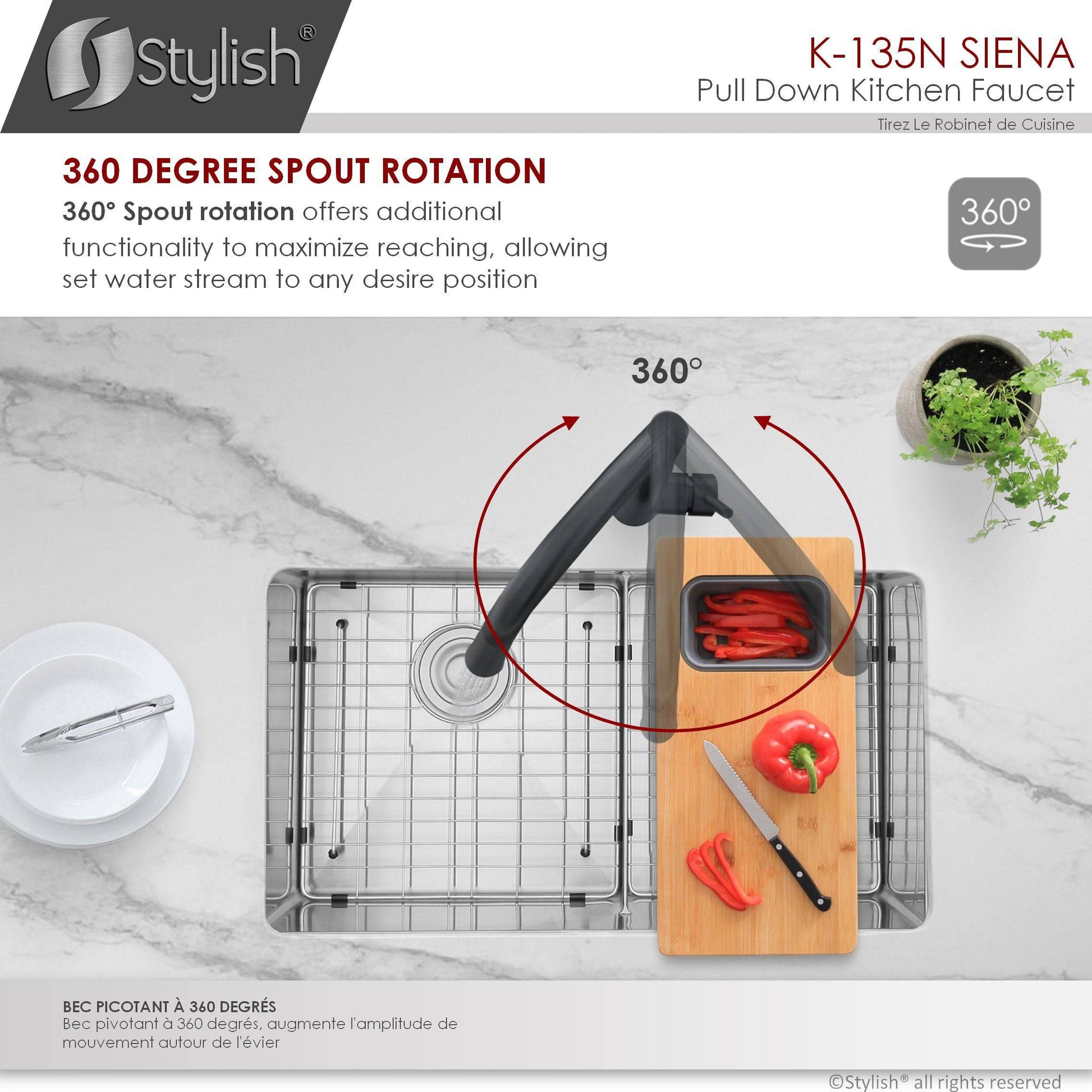 Stylish Siena 17" Kitchen Faucet Single Handle Pull Down Dual Mode Stainless Steel in Matte Black Finish K-135N - Renoz