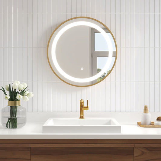 Kalia - Effect LED Illuminated Round Mirror With Frosted Strip, Brushed Gold Frame and Touch-switch for Color Temperature Control 24" x 1⅝"