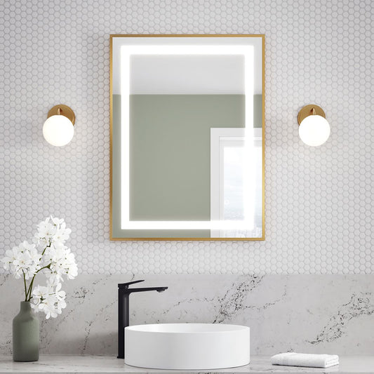 Kalia - Effect LED Illuminated Rectangular Mirror With Frosted Strip, Brushed Gold Frame and Touch-switch for Color Temperature Control 24" X 32" X 1⅝"