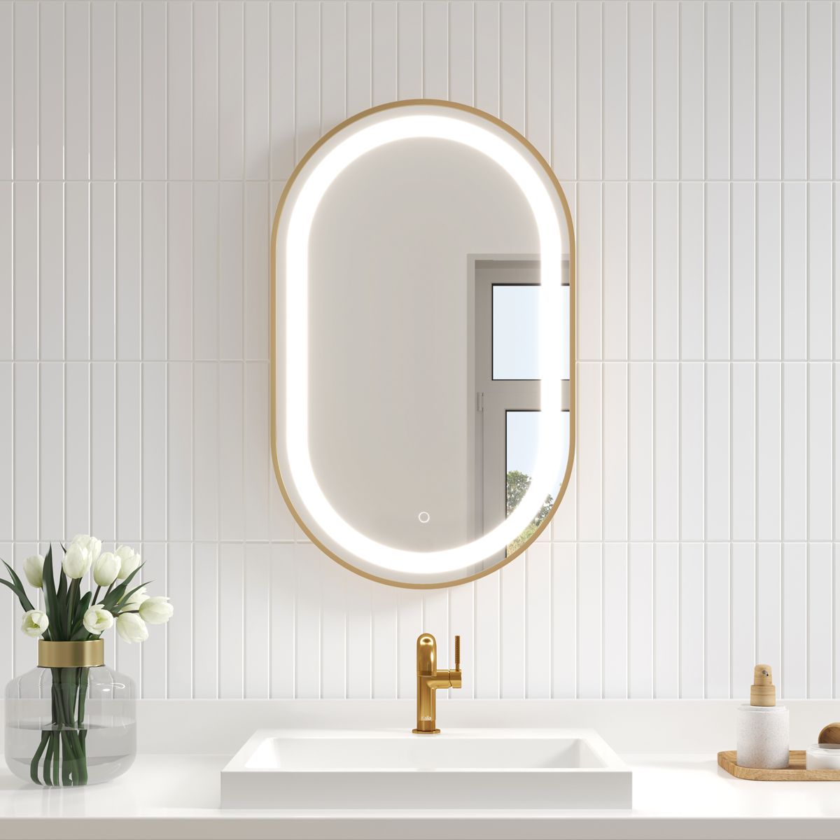 Kalia - Effect Oblong LED Illuminated Oblong Shape Brushed Gold Frame Mirror With Frosted Strip and Touch-switch for Color Temperature Control 20" X 32" X 1¾"