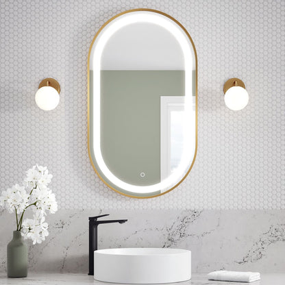 Kalia - Effect Oblong LED Illuminated Oblong Shape Brushed Gold Frame Mirror With Frosted Strip and Touch-switch for Color Temperature Control 22" X 38" X 1¾"