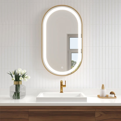 Kalia - Effect Oblong LED Illuminated Oblong Shape Brushed Gold Frame Mirror With Frosted Strip and Touch-switch for Color Temperature Control 22" X 38" X 1¾"