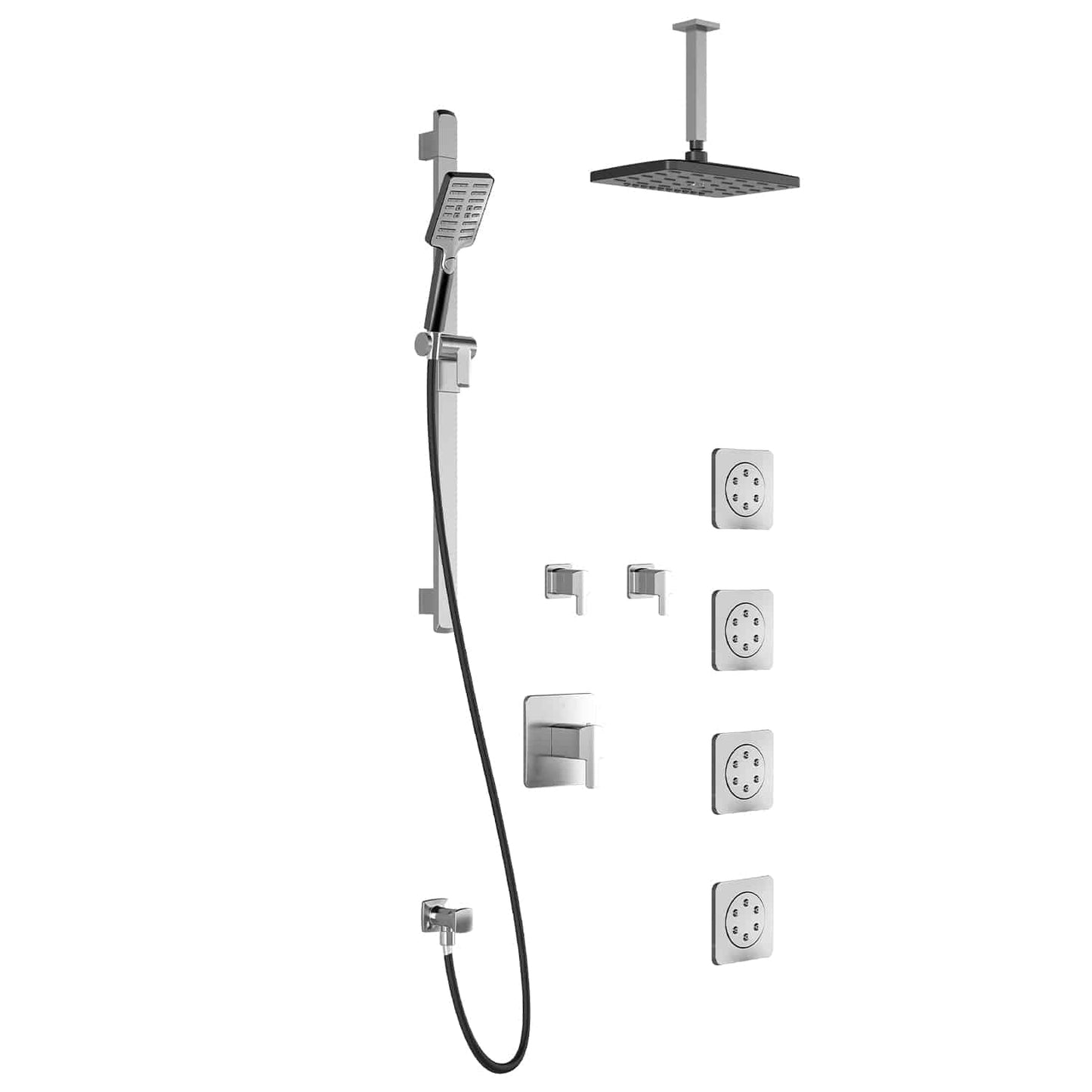Kalia GRAFIK T375 PREMIA Kit de douche thermostatique avec bras de plafond vertical et pomme de douche à effet pluie rectangulaire de 12" - Chrome/noir