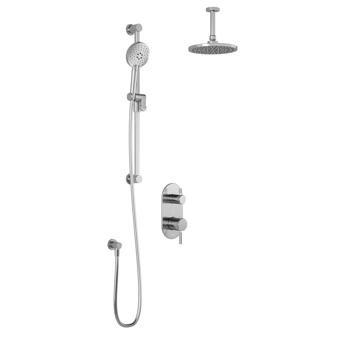 Kalia PRECISO TD2 AQUATONIK T/P avec système de douche à inverseur avec pomme de douche ronde de 9", douchette ronde et bras de plafond vertical - Chrome