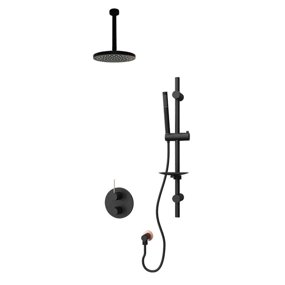 Rubi Kronos 1/2 Inch Thermostatic Shower Kit With Wall Mounted Shower Head and Straight Hand Shower- Black - Renoz