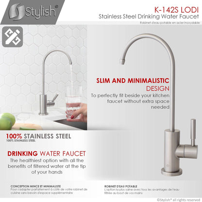 Stylish Lodi 11.25" Kitchen Drinking Water Tap Faucet, Stainless Steel Brushed Finish K-142S - Renoz