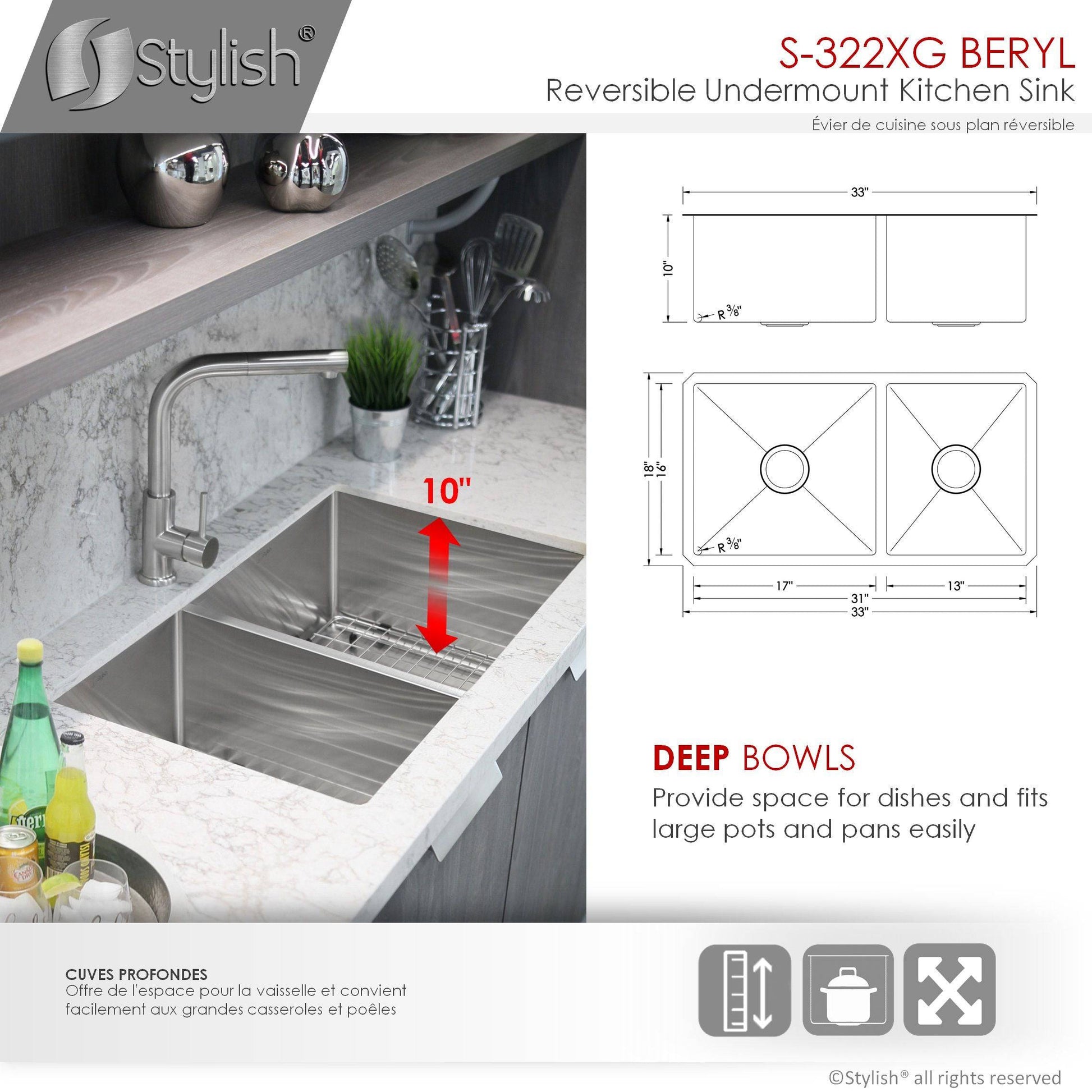 Stylish Beryl 33" x 18" Double Bowl 60/40 Reversible Undermount 16G Stainless Steel Kitchen Sink S-322XG - Renoz