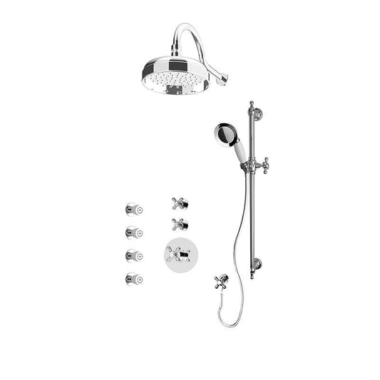 Rubi Jade 3/4 Inch Thermostatic Shower Kit With 9" Wall Mounted Round Shower Head, Hand Shower and Body Jet - Chrome - Renoz
