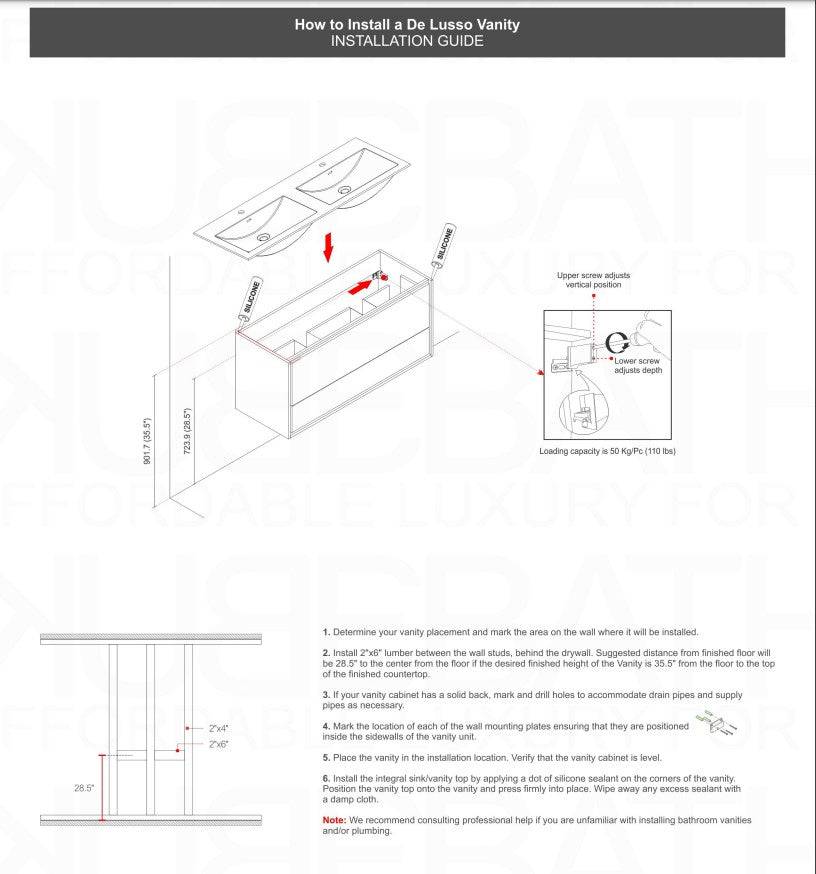 Kube Bath De Lusso 24" Wall Mount / Wall Hung Modern Bathroom Vanity With 2 Drawers Acrylic Countertop DL24 - Renoz